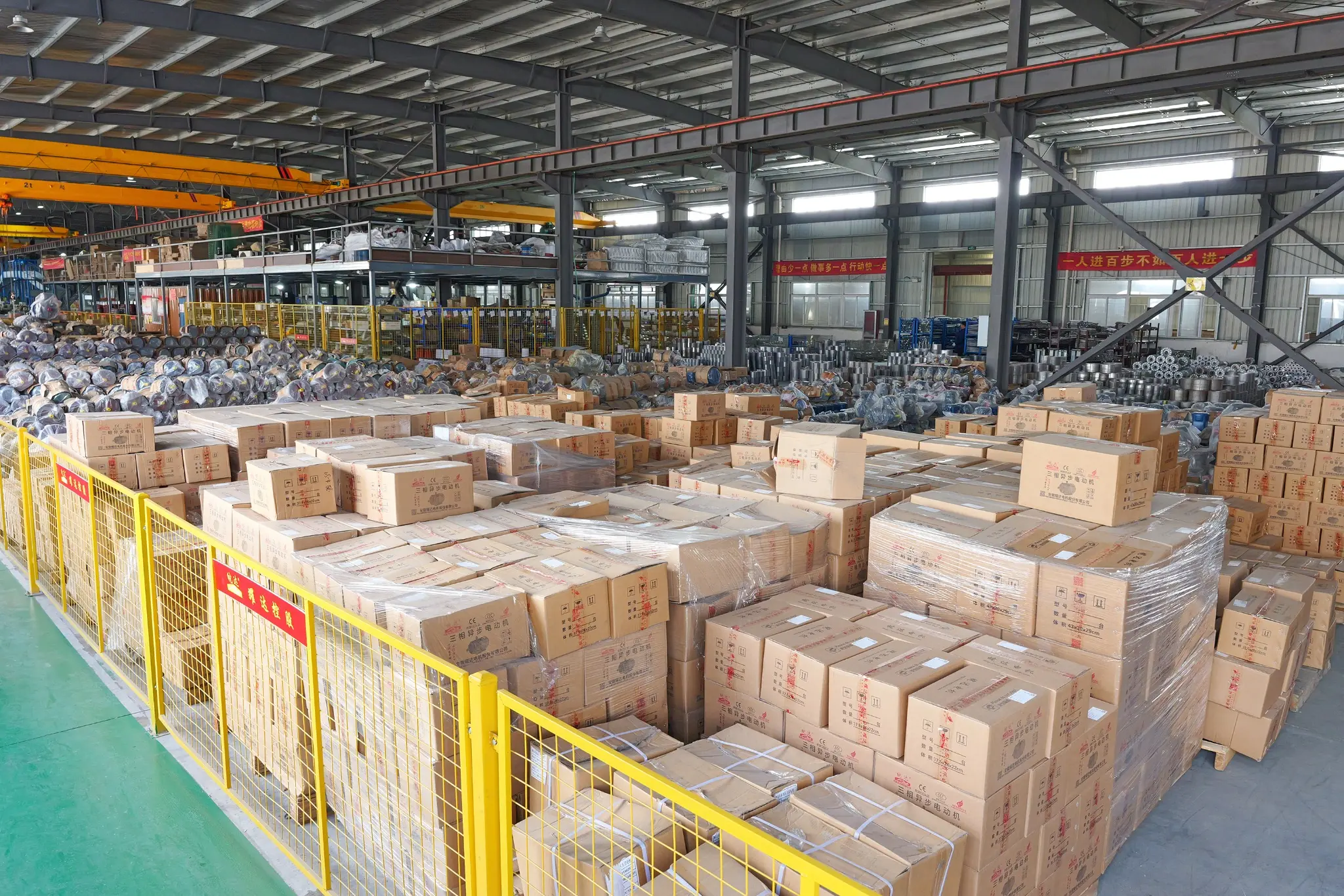 Finished motor storage warehouse with packaged motors ready for shipment