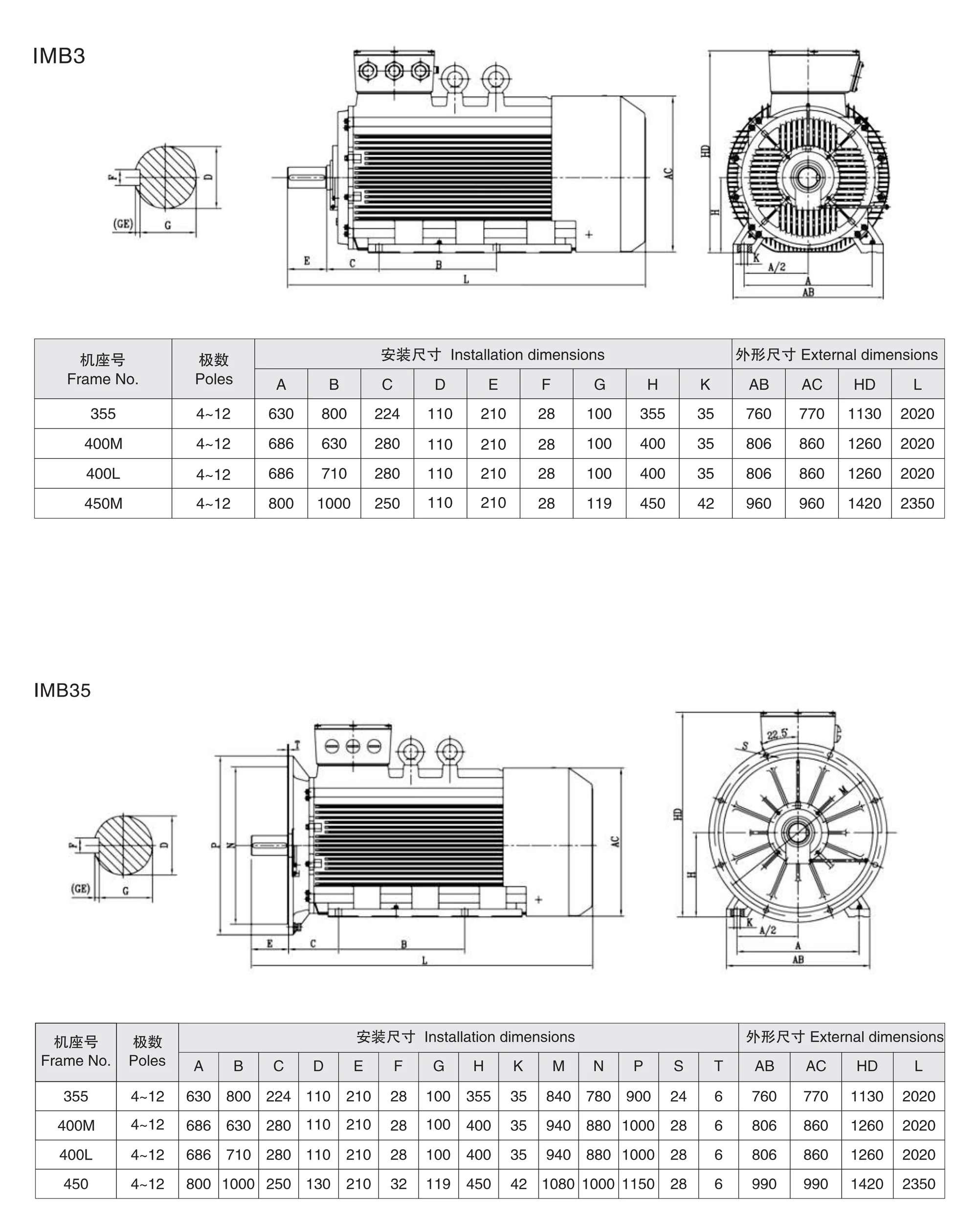 Installation and overall dimensions of the YE3 Series (H355–450) low-voltage high-power three-phase asynchronous motor, IMB3 and IMB35 mounting